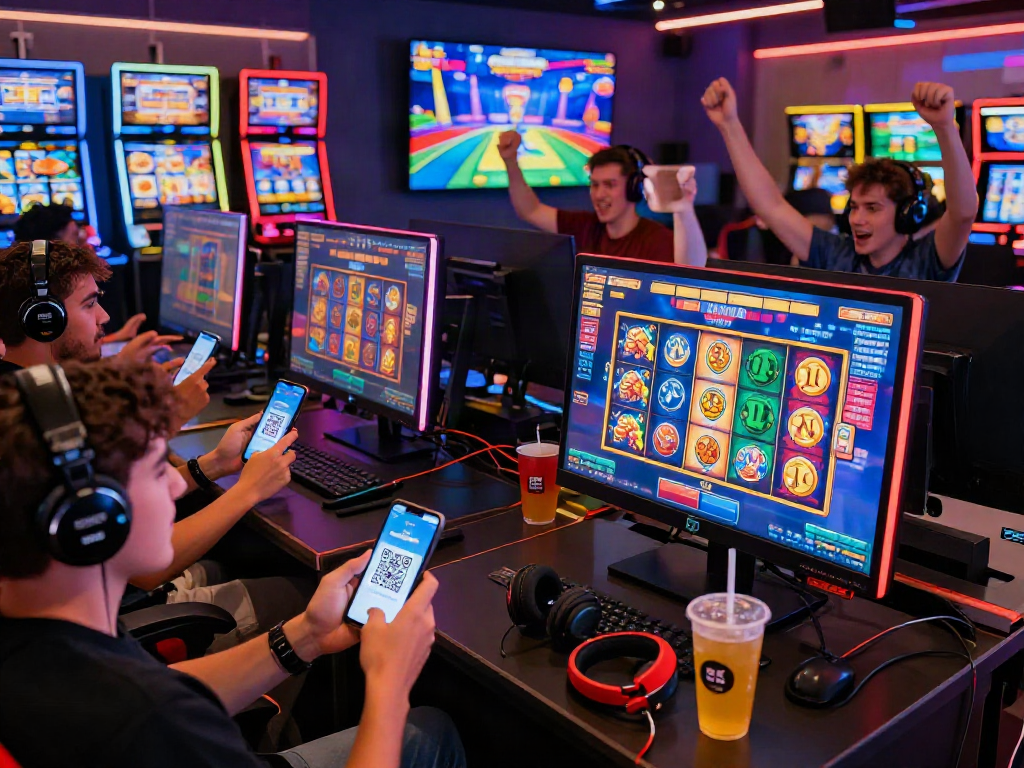 Engaging online gaming scene with players using slot deposit qris for seamless transactions, showcasing excitement and convenience in digital gaming.