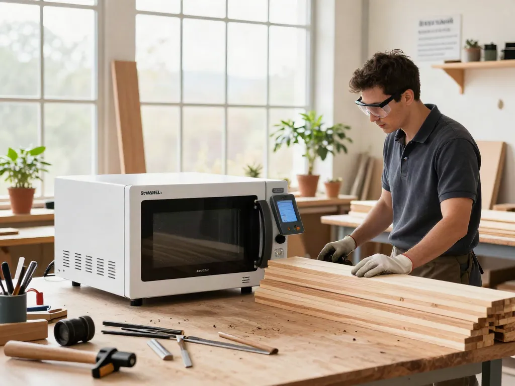 SHASHEL® microwave equipment efficiently eliminating wood-boring insects in a modern woodworking workshop.