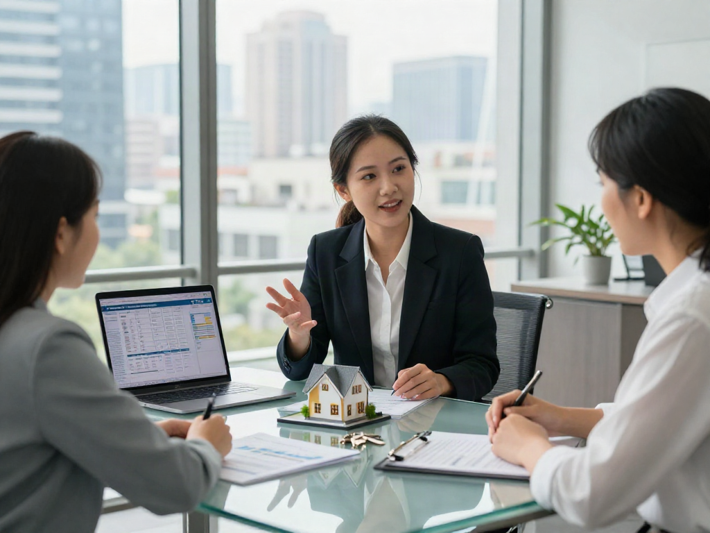 Clients discussing home financing options and deposit 10k in a modern real estate office.