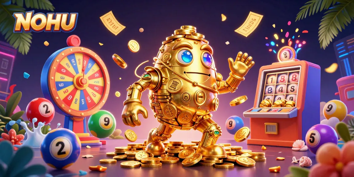 Experience thrilling gaming with NOHU as golden golem spins vibrant lottery elements.