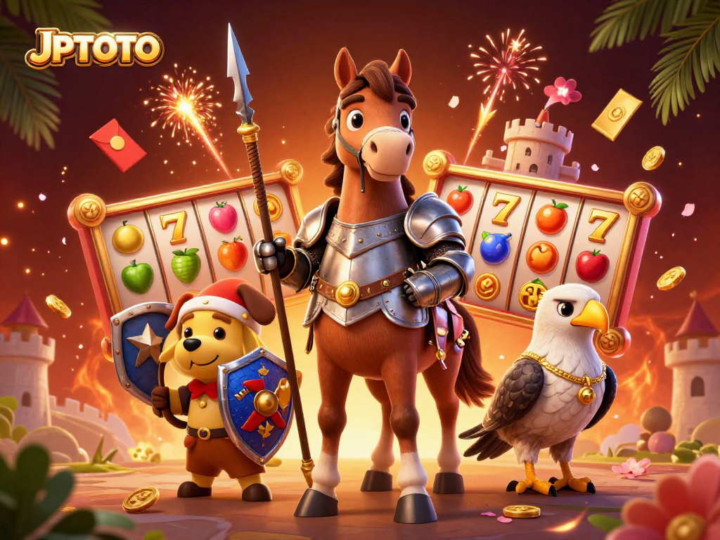 Experience JPTOTO's vibrant casino world with colorful slot reels and dynamic gaming elements