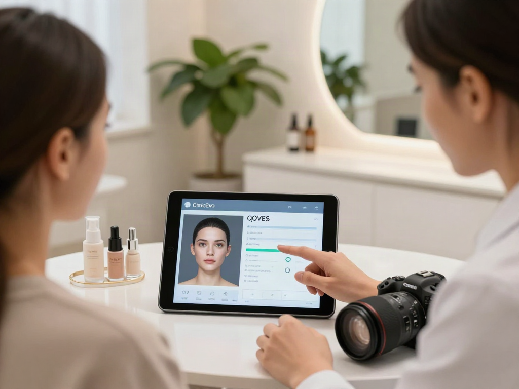 Compare ClinicEvo vs QOVES in a modern consultation room with aesthetic analysis.