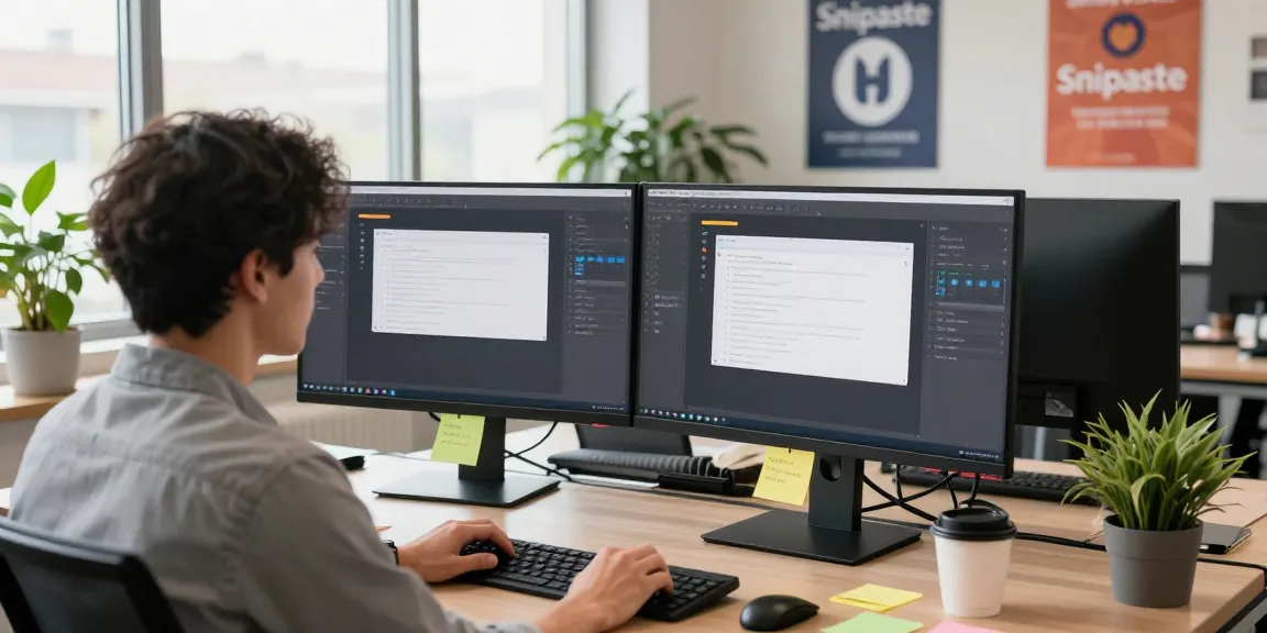 Snipaste下载 in an efficient tech workspace setup showcasing dual monitors and a developer using screenshot tools