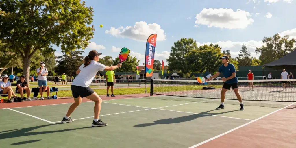 Players competing with colorful pickleball paddles on a sunny court.