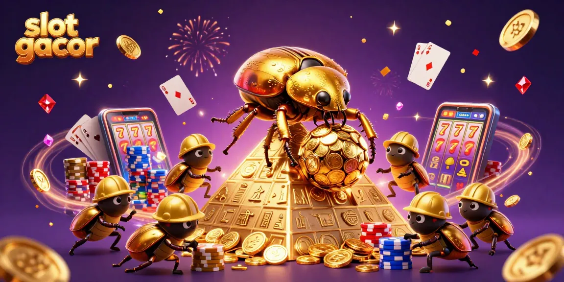 Experience slot gacor action in an engaging scene with vibrant golden coins and cheerful beetles.