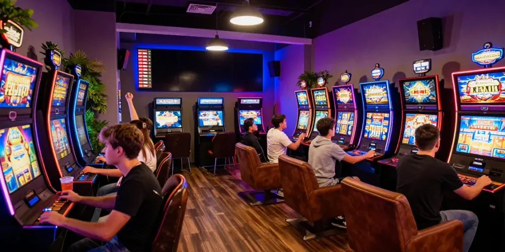 Slot players enjoying vibrant gaming lounge filled with colorful machines and excitement.
