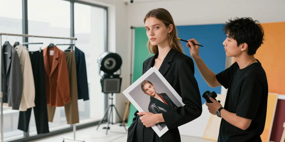Book Fotografico per Modelli: modella in uno studio fotografico elegante mostra il suo portfolio.