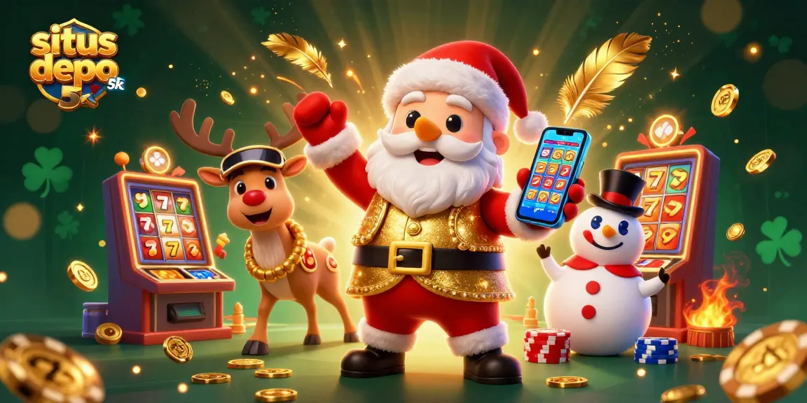 Santa Claus celebrating on situs depo 5k with jackpot slots, playful characters and vibrant casino elements.