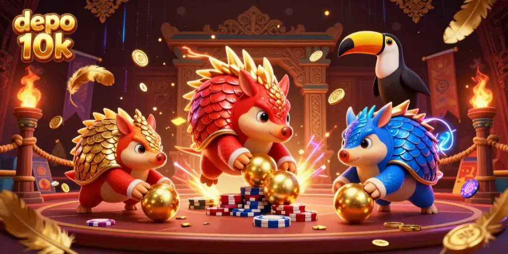 Permainan slot depo 10k, pangolin bergulir dengan piala poker, dan poin di layar.