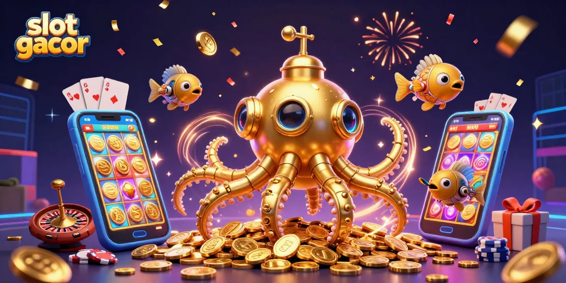 Slot gacor yang menampilkan kraken emas dan elemen permainan slot yang menarik.