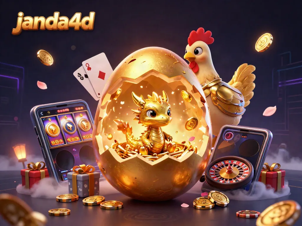 Janda4D menghadirkan pengalaman bermain slot yang menarik dengan ilustrasi naga emas dan chip poker.