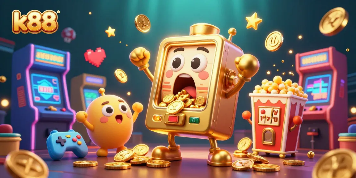 k88 slot machine surprises with a jackpot, surrounded by cheering baby machines and arcade game elements.