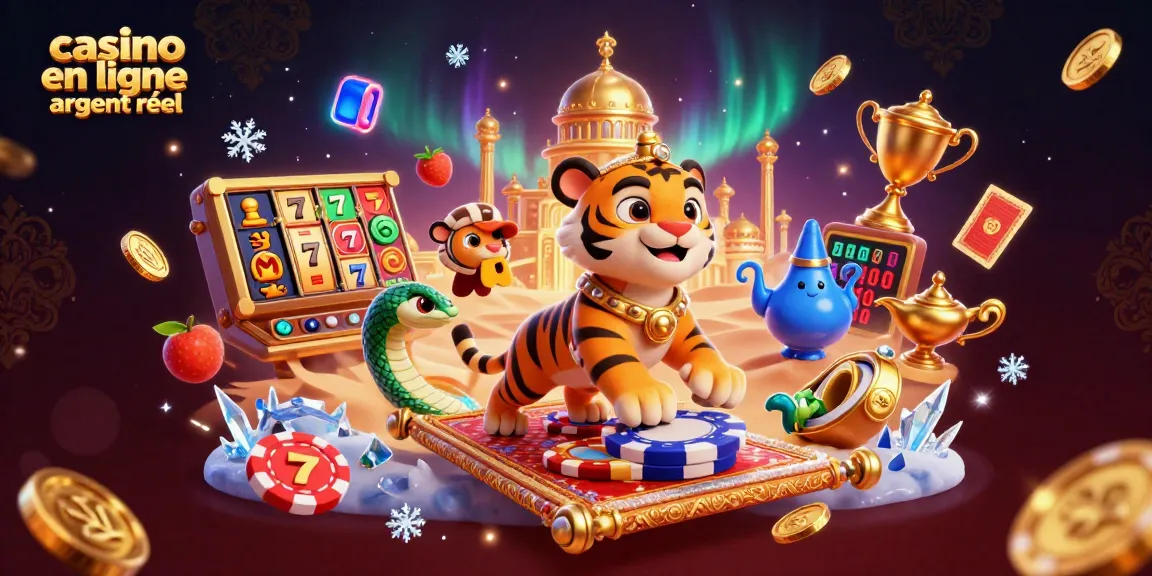 Jouez à des jeux de casino en ligne argent réel avec le sultan des jeux, entouré de machines à sous et de pièces d'or.