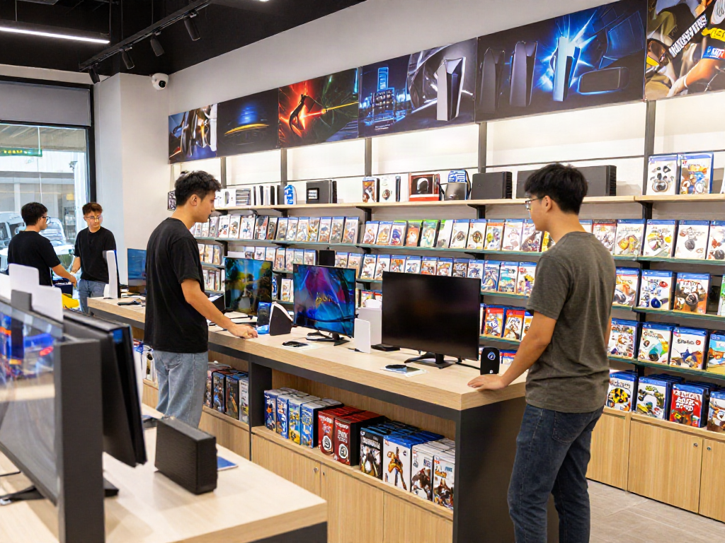 rokok88 gaming store showcasing diverse games and consoles in a vibrant atmosphere