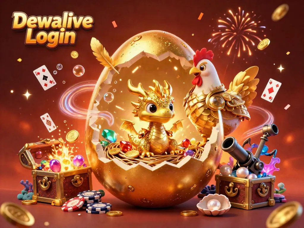 Engage with Dewalive Login as a golden dragon emerges from an egg amidst gaming treasures.