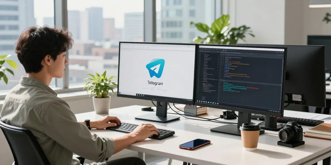 Engaged professional at a tech workspace focusing on telegramin-cn.com and coding Telegram app features.