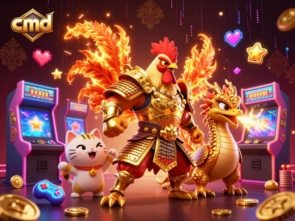 cmd-themed gambling illustration featuring a heroic rooster and dragon amidst casino elements.