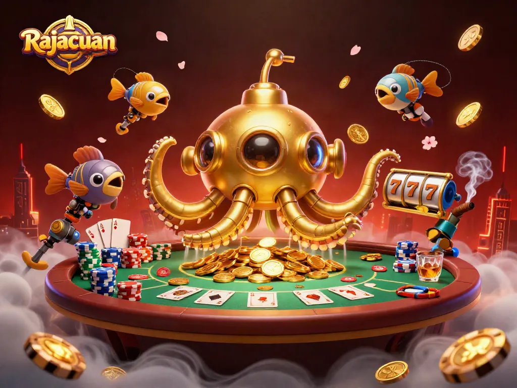 Engage with Rajacuan's vibrant gaming experience, featuring a golden kraken and poker elements.