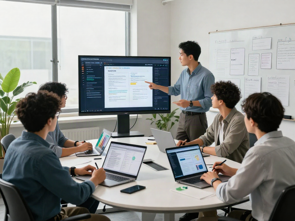 Collaborative team discussing a document fraud detection solution with digital analytics in a modern office.