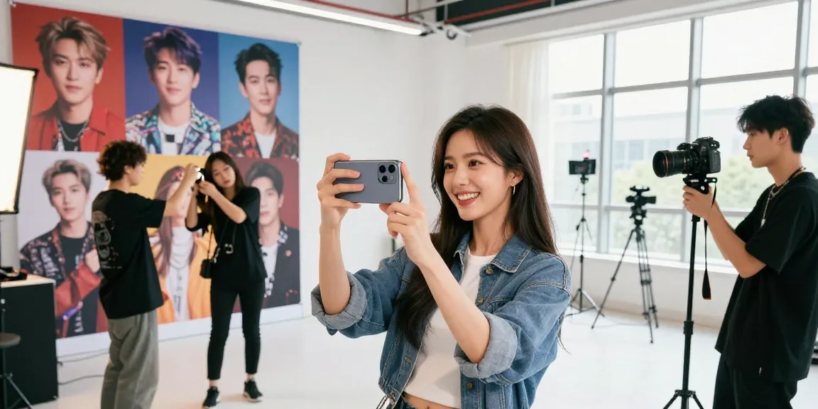 Woman taking a selfie to find who she looks like celebrities in a vibrant studio setting.