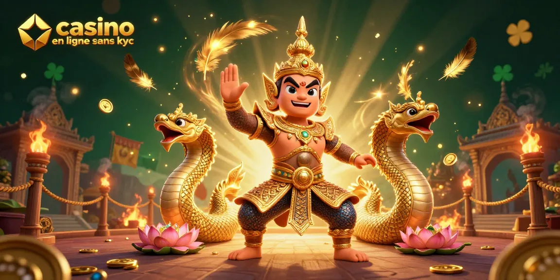 Jouez dans un casino en ligne sans KYC avec des gardiens thaïs et des serpents Naga entourés de jetons d'or.