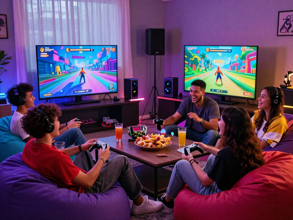 Friends intensely playing porngames in a vibrant gaming lounge setting