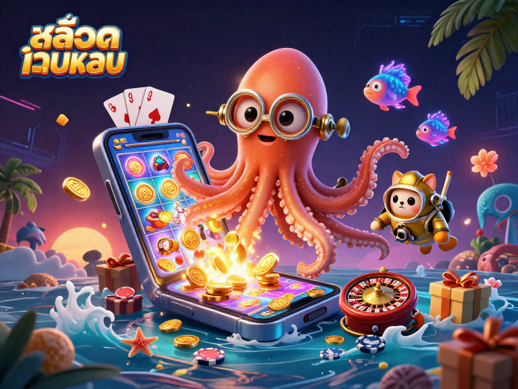 Experience the thrill of สล็อตเว็บตรง with our dynamic casino scene featuring a kraken and exploring elements!