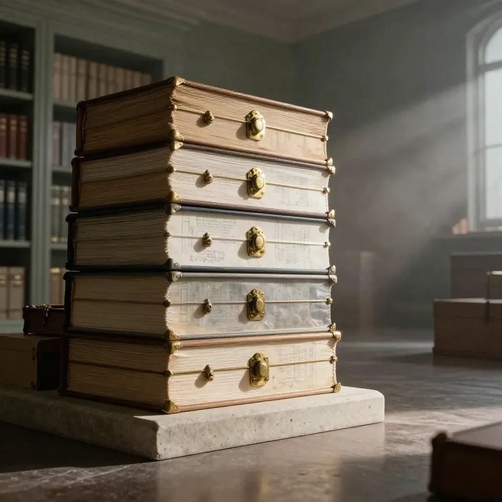 Dawn-lit patent archive tableau of ivory dossiers, brass weights and vellum in a misty stone vault.
