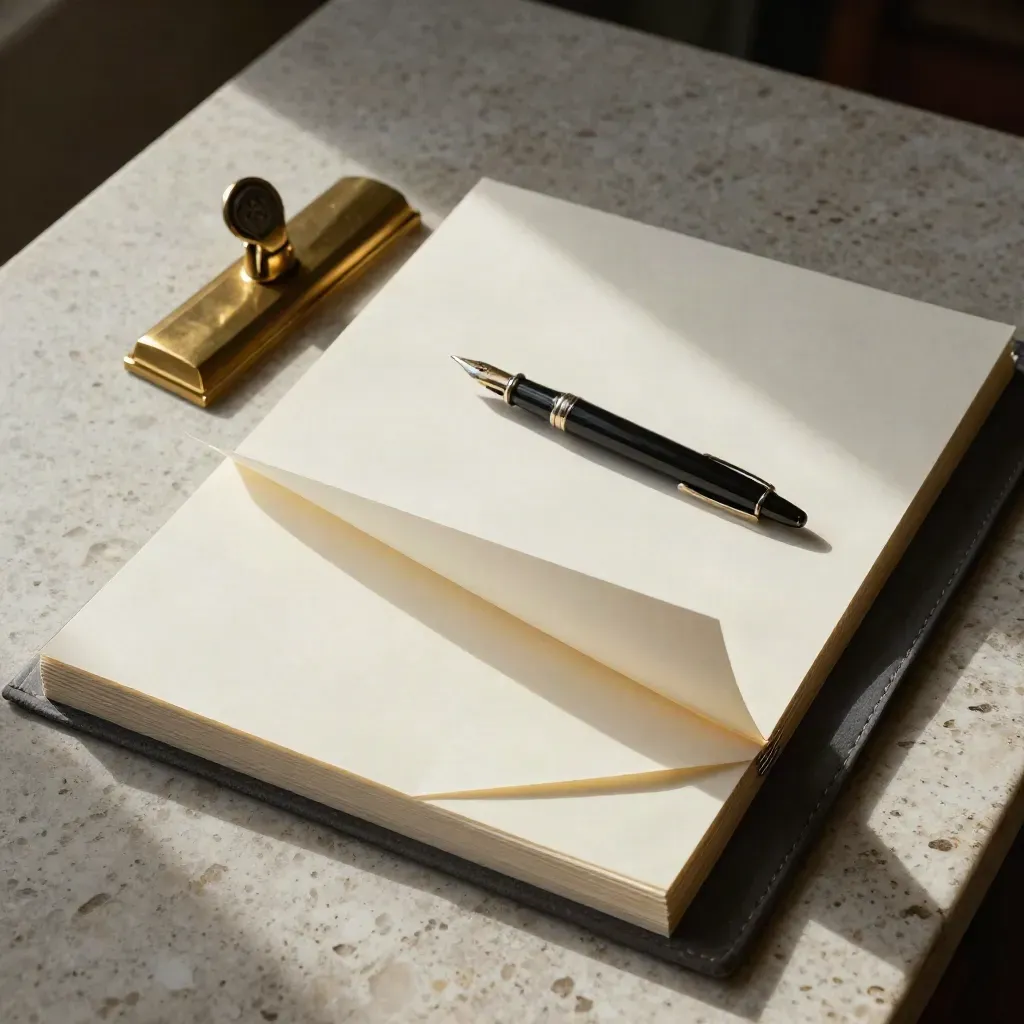 Overhead patent drafting folios with brass weights and fountain pen on travertine.