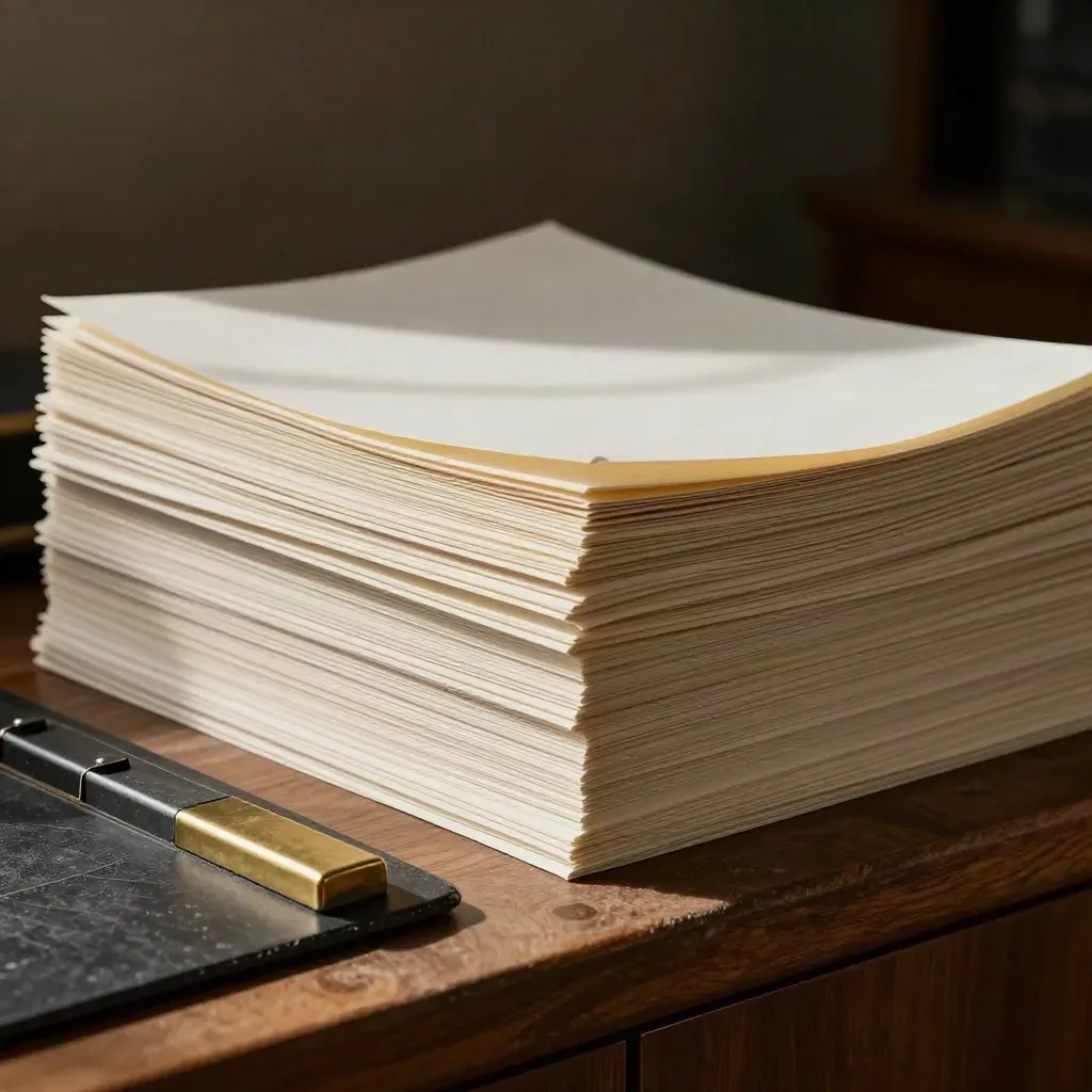 Cream patent reply sheets clipped beside a slate tray and brass spacer on a dark stone ledge.