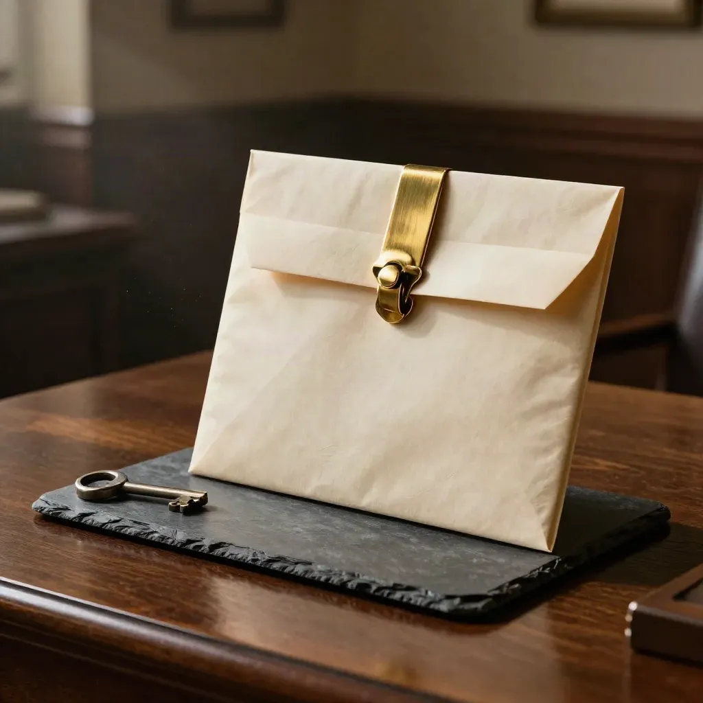 Sealed ivory provisional filing packet with gold clasp on a slate tray in warm office light.