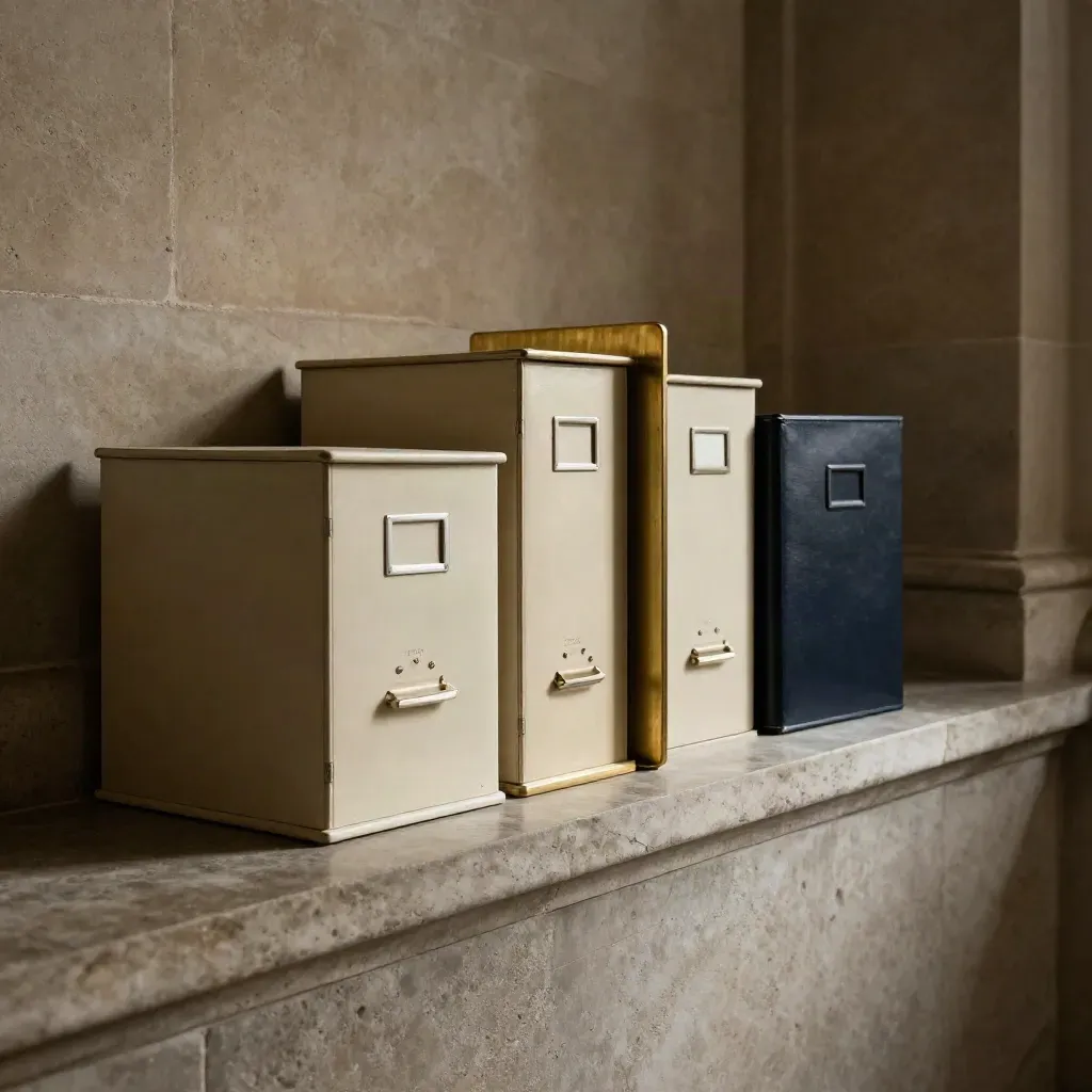 Dossier boxes and a navy portfolio case on a stone ledge in dramatic side light.