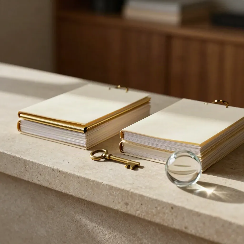 Closed cream binders with a brass key and glass paperweight on pale stone in warm side light.