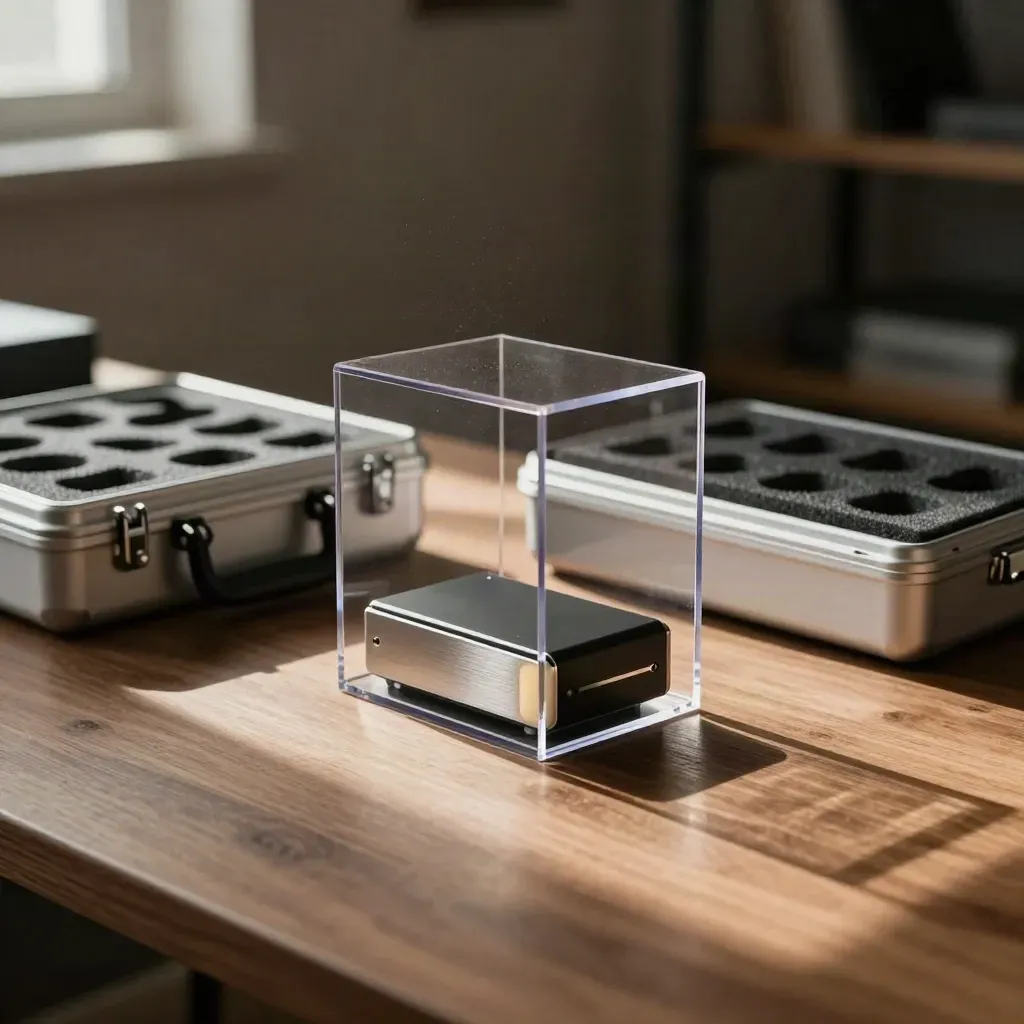 Prototype under acrylic cover beside launch case and foam inserts in a warm studio