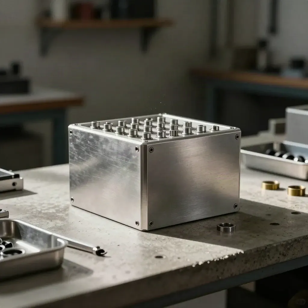 Machined hardware enclosure with fastener tray and spare parts on a concrete bench