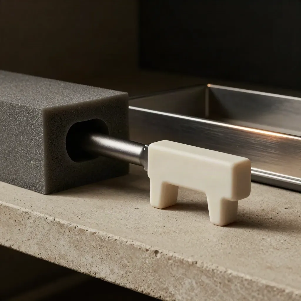 Slate prototype in foam beside an empty filing slot on a sand shelf, lit by a low beam.