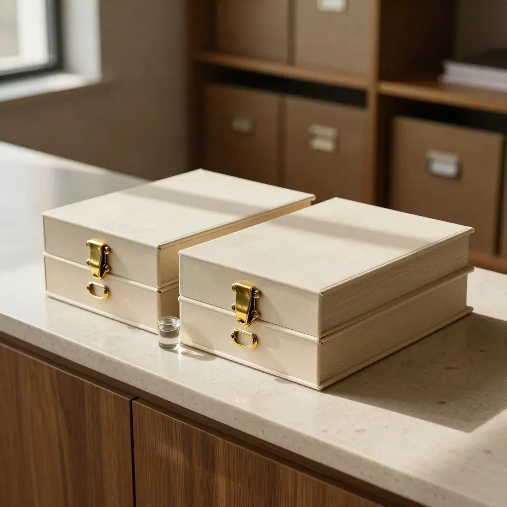 Closed ivory legal binders, brass clasps, and glass weight on a sunlit travertine credenza.