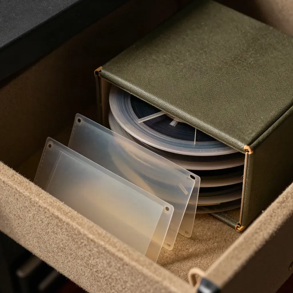 Microfilm spool, archival index box and acetate sleeves in a dusty archive drawer under raking light