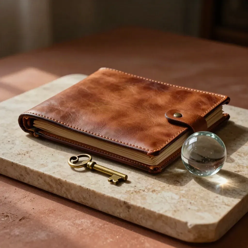 Leather folio, brass key, and glass paperweight on a travertine slab in warm daylight.