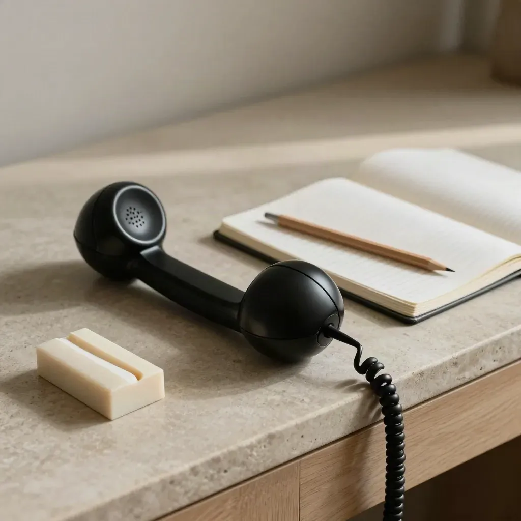 Black handset with notebook and pencil on a stone desk, calm ivory booking scene