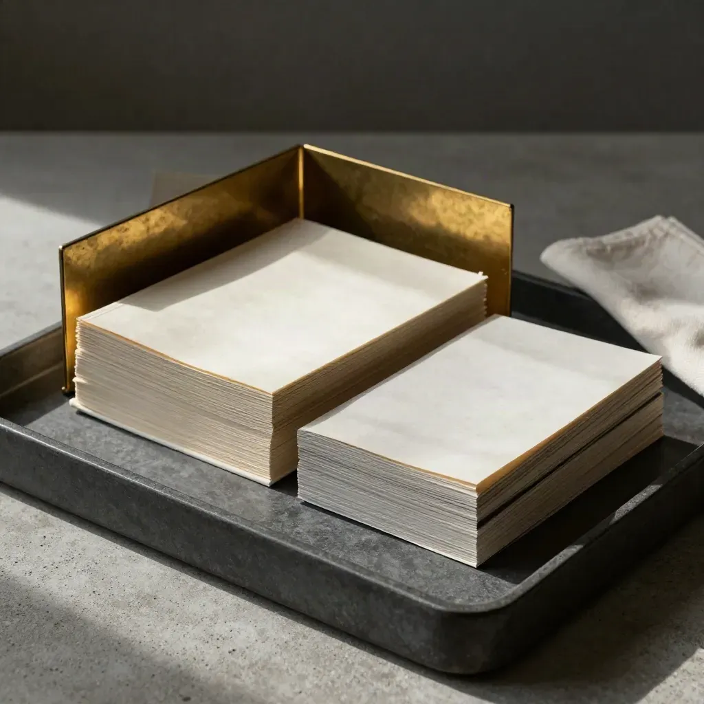Clipped folio bundles, brass divider, and archive tray on concrete with soft side light.