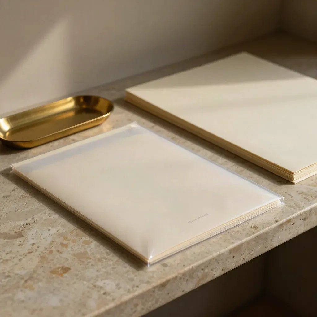 Sealed patent filing packet, brass tray, clear sleeve, and cream folio on a plaster shelf.