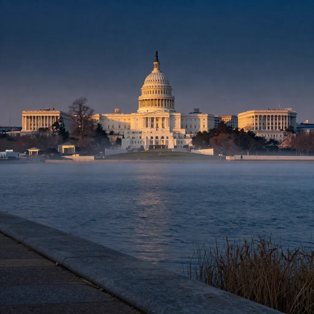 Washington DC skyline at dusk with Capitol dome above the Potomac in haze