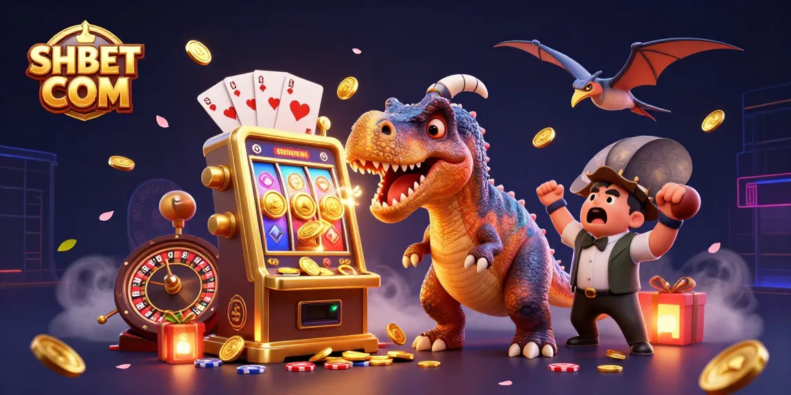 SHBET COM showcases a vibrant 3D scene of a dinosaur winning jackpot coins at a casino.