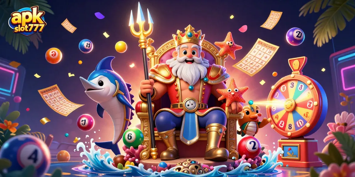 Experience exciting gameplay with apk slot777 in a vibrant casino-themed 3D scene featuring Neptune and dynamic elements.