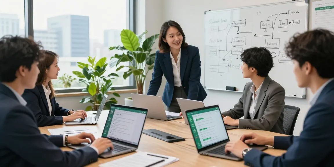 Engaged team using WhatsApp網頁版 on laptops for effective collaboration in a modern office