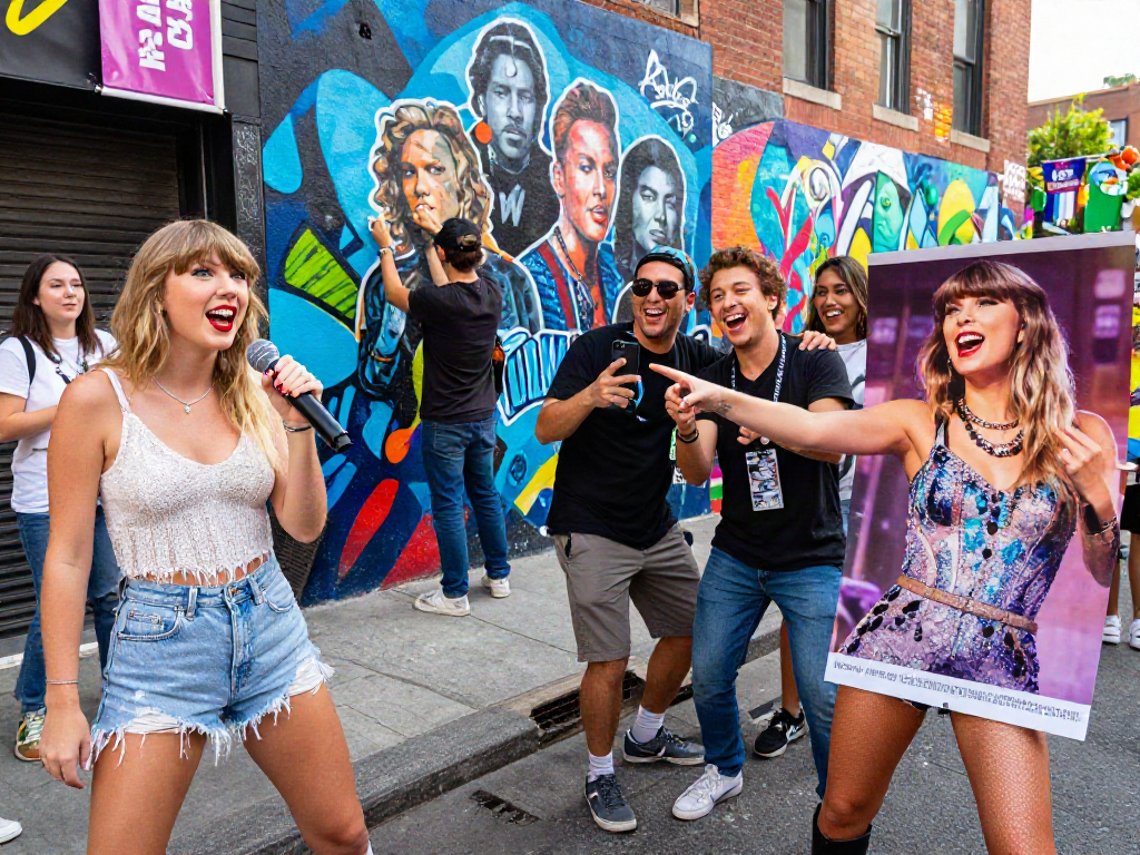 Look alikes of famous people enjoying a vibrant urban festival celebrating celebrity doppelgängers with colorful accessories and posters.