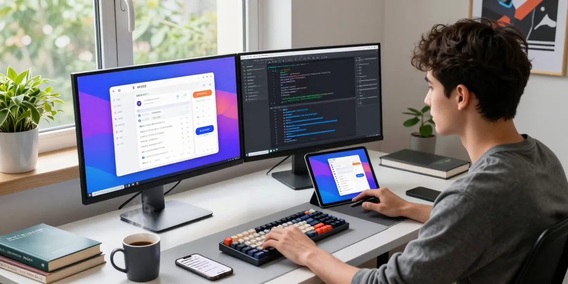 Young developer focused on creating 纸飞机中文版 app interface in a modern workspace