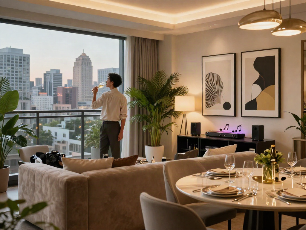 Momen mewah dengan luxury111 di apartemen bergengsi, individu menikmati champagne sambil menikmati pemandangan kota.