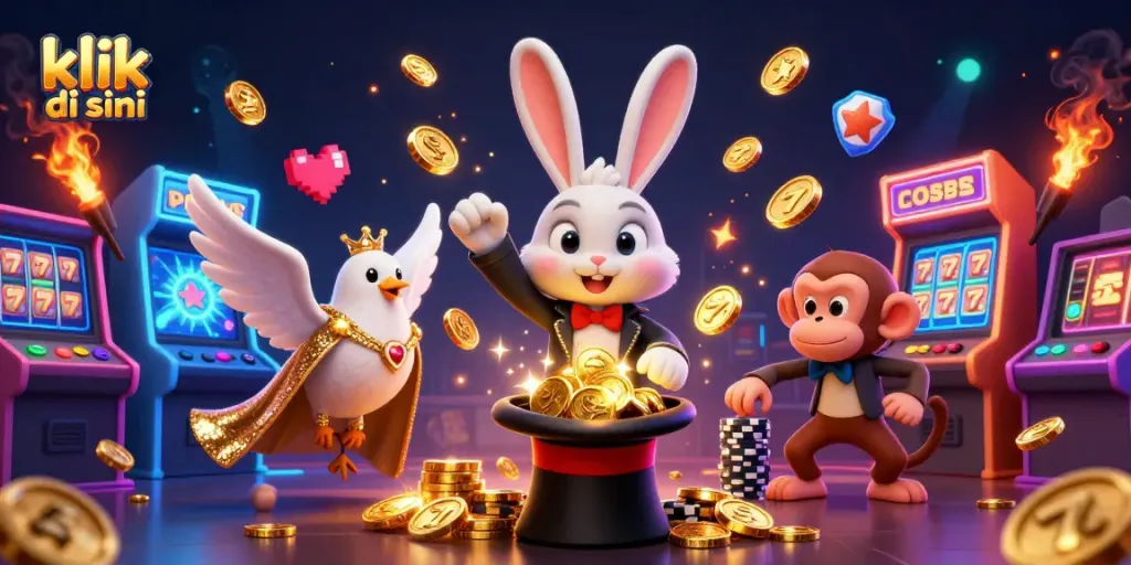 Mainkan permainan kasino di klik di sini dengan ilustrasi berwarna-warni dari karakter dan elemen permainan.